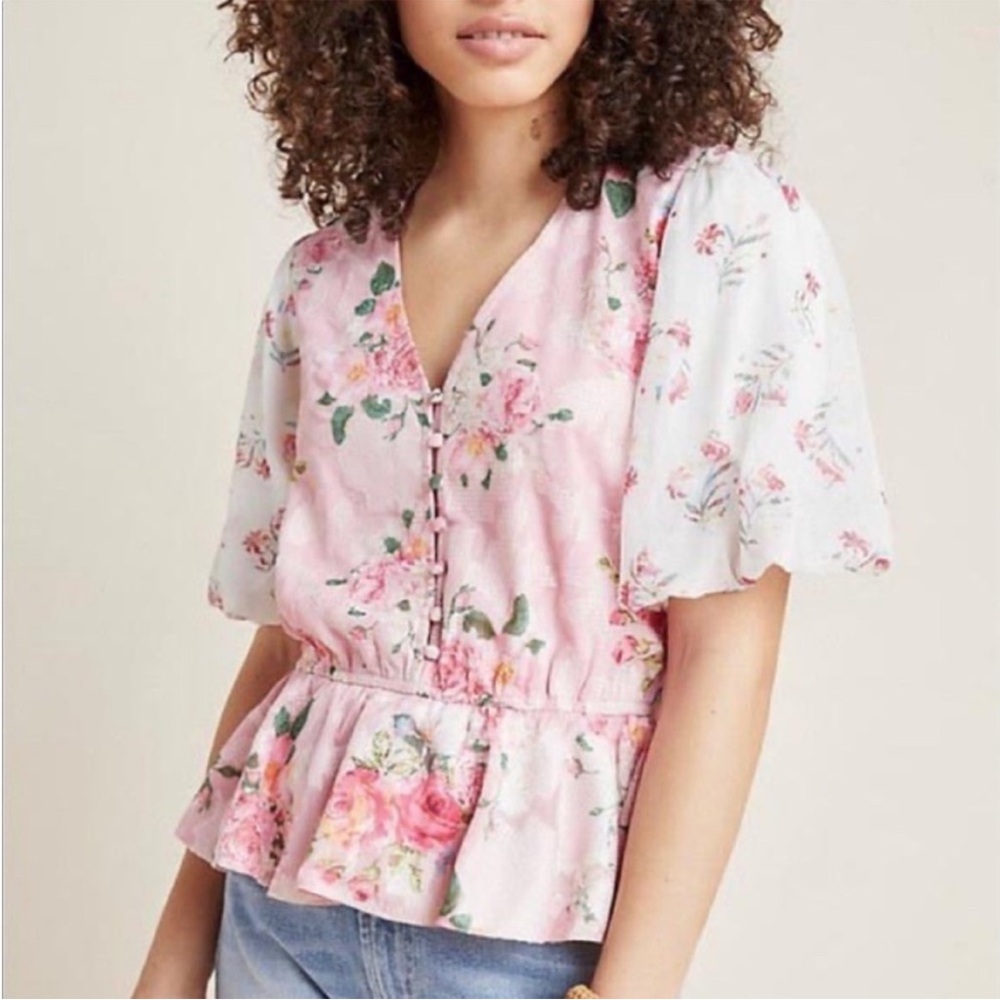 Anthropologie Hemant Nandita Pink Floral Top S Puff Sleeve Rose Boho Coquette